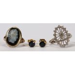 (Lot of 3) Multi-stone, diamond and gold jewelry Including 1) pair of round-cut sapphire and 14k