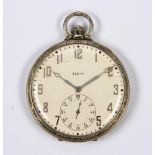 Elgin 14k white gold open face pocket watch Dial: round, off white, applied Arabic numeral hour