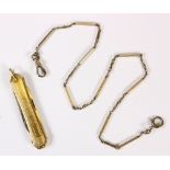 (Lot of 2) 14k gold watch chain and pocket knife Including 1) 14k white gold bar link, measuring