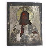 Russian .84 silver and gilt oklad icon, the painted wood panel depicting Christ Pantocrator,