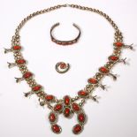 Native American coral, sterling silver and silver jewelry suite Including 1) silver squash blossom