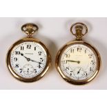 (Lot of 2) Gold-filled open face pocket watches Including 1) Waltham, 23 jewels, lever set.