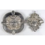 (lot of 2) Portuguese silver coin ashtrays, 20th century, each with applied 19th century Cruzado