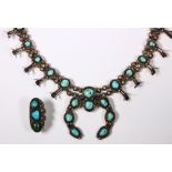 (Lot of 2) Native American turquoise and silver jewelry Including 1) silver squash blossom necklace,