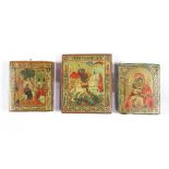 (lot of 3) Russian Icon group, each wood panel polychrome and gilt decorated, consisting of one