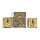 (lot of 3) Russian style oklad traveling icons, each of rectangular form, all with brass oklad,