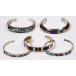 (Lot of 5) Native American inlaid multi-stone, sterling silver and silver bracelets Including 1)