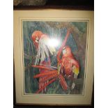 A large framed pen and watercolour picture of two parrots