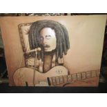 A large painting on canvas of Bob Marley