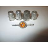 Two Charles Horner silver thimbles and a brooch and 2 other silver thimbles