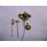 A 9ct gold pendant, an Edwardian yellow metal brooch and 2 stick pins