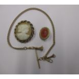 A yellow metal Albert chain, a cameo brooch and a gold backed hardstone brooch