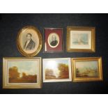 A quantity of framed pictures to include a 19th century oval portrait signed F Remde and dated 1847