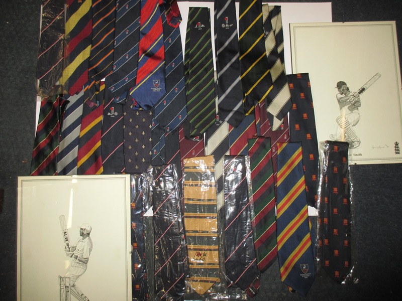 A collection of vintage cricket ties to include available by attendance examples and 2 framed