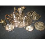 A silver plated tea set and other metalwares