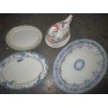 3 antique meat platters and a chicken egg storage pot