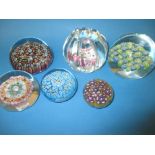 6 Murano Millefiori glass paperweights