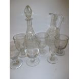 A quantity of 19th century drinking glasses, a decanter and jug