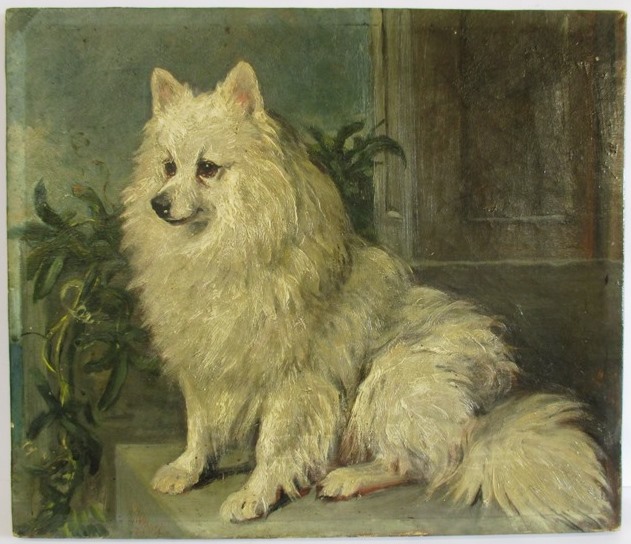 Oil on canvas Pomeranian dog seated, signed John Emms (1843-1912) and dated 78