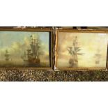 Two 19th century oil seascapes on wood panels of galleons at sail