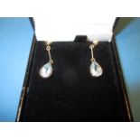 A pair of 9ct yellow gold teardrop shaped aquamarine drop earrings