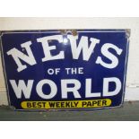 A vintage enamel advertising sign for News of the World newspaper, approx. size 92x61cm