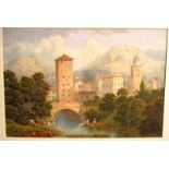 A large 19th c watercolour landscape mountain town on river