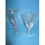 2, 19th century wine glasses one with a red spiral twist