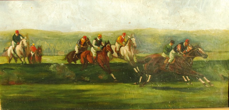 Oil on board” Horses over the Gallops” after G B Giles