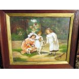 A large early 19th century oil on canvas of children at play with puppies, signed & Dated