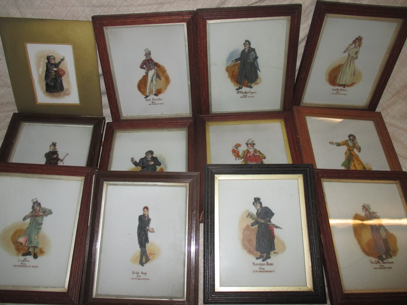 A quantity of Victorian paintings on glass, all dickens characters