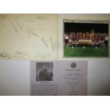 A West Ham team photograph with autographs to inside of cover and a Sportsman's Dinner menu signed