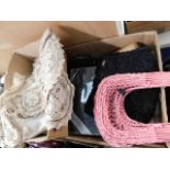 A boxed quantity of handbags, lace & other items