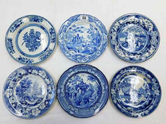 Six 19thC. blue & white transferware plates includ