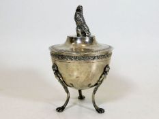 A French sugar pot with bird finial to lid