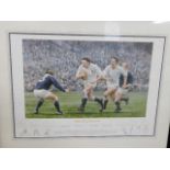 A framed signed rugby print including Bill Beaumon