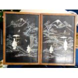 A pair of Oriental wooden pictures with applied carved decor