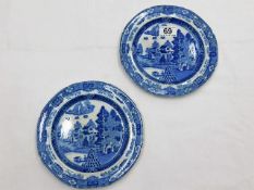 A pair 19thC. blue & white willow pattern transfer