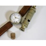 A WW1 wrist watch, a 1915 military whistle & a lea