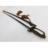 A brass scrolled top dress sword & scabbard, appro