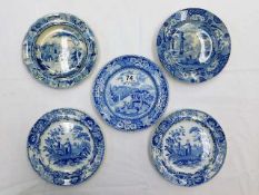 Five 19thC. blue & white transferware plates inclu