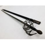 A steel basket sword & scabbard approx. 45in long