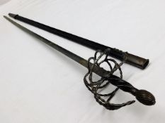 A steel basket sword & scabbard approx. 45in long