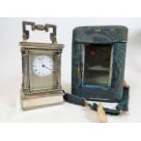 A French white metal carriage clock with carry cas