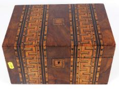 An inlaid marquetry sewing box with contents