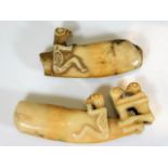 Two pieces of 19thC. tribal art carved bone items appearing to depict tattooed figures