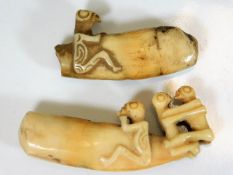Two pieces of 19thC. tribal art carved bone items appearing to depict tattooed figures