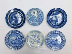 Six 19thC. blue & white transferware plates includ
