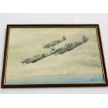 A framed watercolour of Spitfires in flight signed