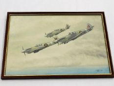 A framed watercolour of Spitfires in flight signed